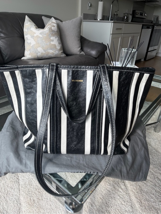 Balenciaga Handbags - Balenciaga Black & White Vertical Stripe Leather Tote